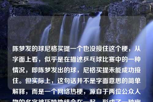 陈梦发的球尼格买提一个也没接住这个梗，从字面上看，似乎是在描述乒乓球比赛中的一种情况，即陈梦发出的球，尼格买提未能成功接住。但实际上，这句话并不是字面意思的简单解释，而是一个网络热梗，源自于两位公众人物的名字被巧妙地结合在一起，形成了一种幽默的说法。