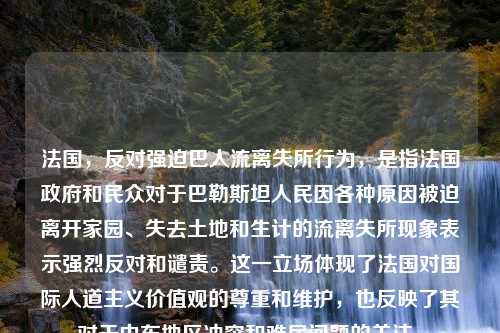 法国，反对强迫巴人流离失所行为，是指法国政府和民众对于巴勒斯坦人民因各种原因被迫离开家园、失去土地和生计的流离失所现象表示强烈反对和谴责。这一立场体现了法国对国际人道主义价值观的尊重和维护，也反映了其对于中东地区冲突和难民问题的关注。