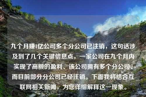 九个月赚1亿公司多个分公司已注销，这句话涉及到了几个关键信息点，一家公司在九个月内实现了高额的盈利、该公司拥有多个分公司、而目前部分分公司已经注销。下面我将结合互联网相关新闻，为您详细解释这一现象。